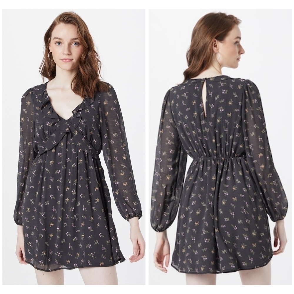 AMERICAN EAGLE Floral Mini Dress Vneck Ruffle Collar Gray Purple Cottage Core L - Picture 2 of 16